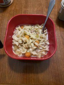A bowl of chicken noodle soup made in my Instant Pot